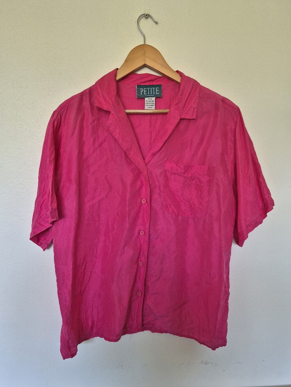 100% Silk Vintage Blouse Bright Pink Short Sleeve Medium